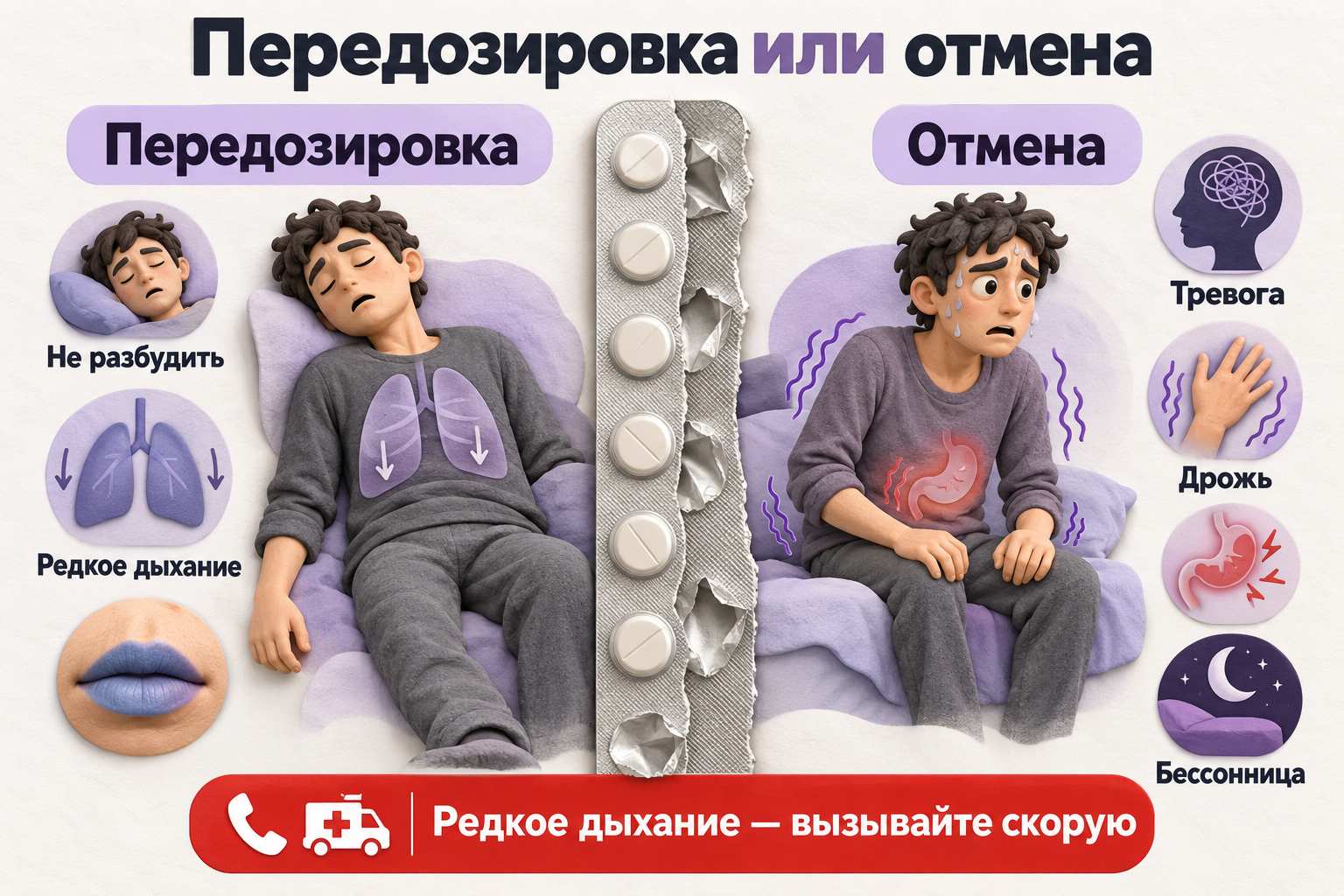 Различия между признаками передозировки тианептином и синдромом отмены
